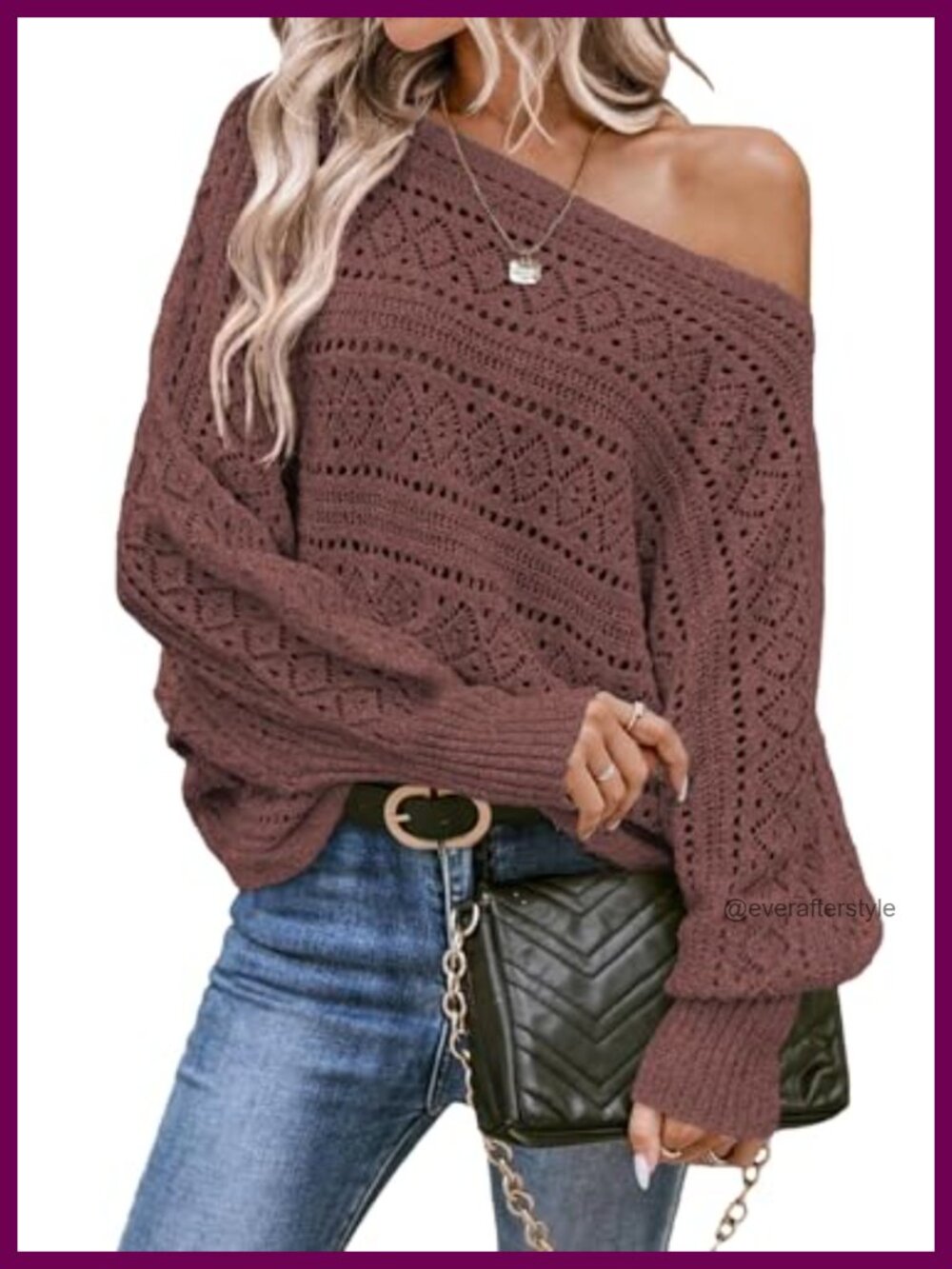 Womens Crochet Boat Neck Long Batwing Sleeve Loose Sweater